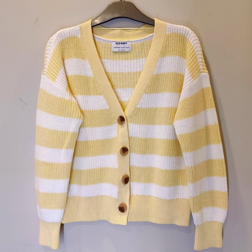 Old Navy Yellow and White Striped Button Up Cotton Cardigan | Small